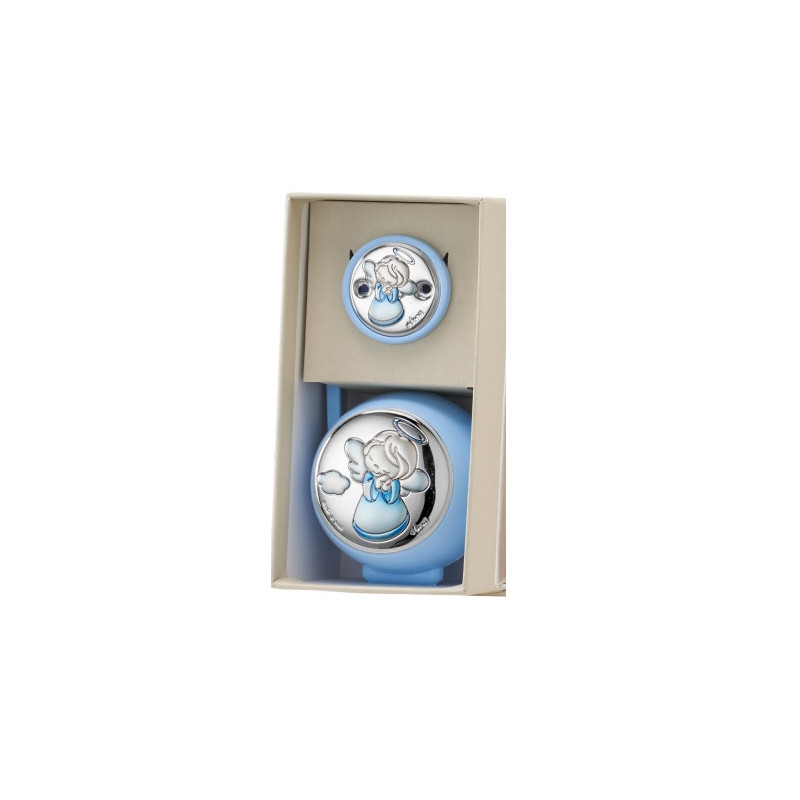 Conjunto Pinza De Chupete Y Portachete Azul En Plata Laminada
