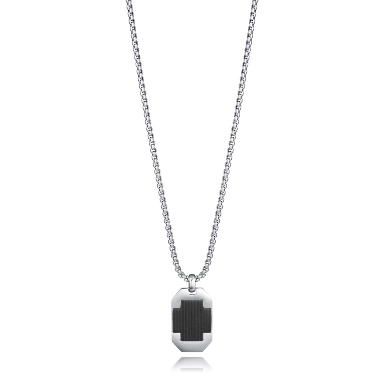 Collar Hombre Acero Placa y Cruz IP Negro 55+5 cm Colgante