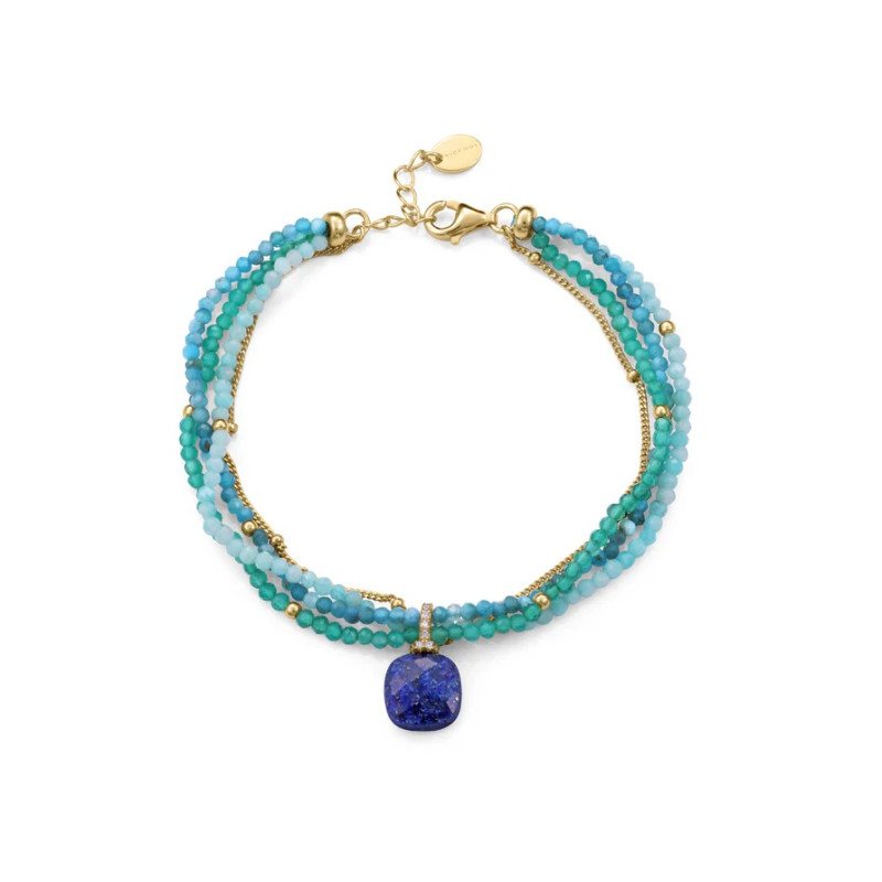 Pulsera Mujer Plata de Ley Baño Oro Piedras Naturales Verdes Azules y Circonitas 13270p100-42