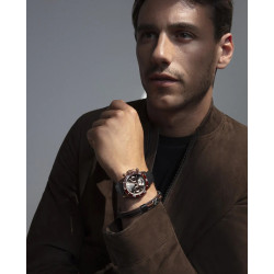 Reloj Hombre IP Rosa Bisel Cerámico Marrón Correa Piel Negra Cronógrafo 40 mm 401401-17