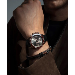 Reloj Hombre IP Rosa Bisel Cerámico Marrón Correa Piel Negra Cronógrafo 40 mm 401401-17