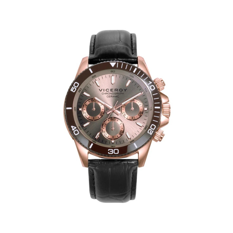 Reloj Hombre IP Rosa Bisel Cerámico Marrón Correa Piel Negra Cronógrafo 40 mm 401401-17