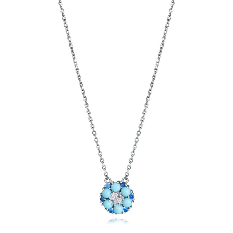 Collar Mujer Plata de Ley con Colgante Floral Circonitas Azules y Blancas