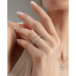Anillo Mujer Plata de Ley Cruz con Circonitas y Baguettes Blancas Baño de Rodio