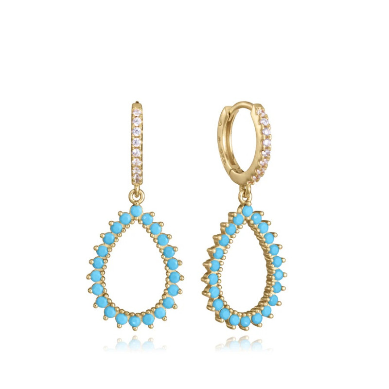 Pendientes Mujer Plata de Ley Baño de Oro Circonitas Turquesa Colgante 3,2 cm