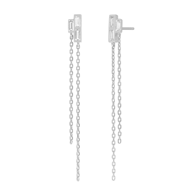 Pendientes Mujer Plata de Ley 925 Rodiada con Circonitas Baguette y Doble Cadena D04101/AQ