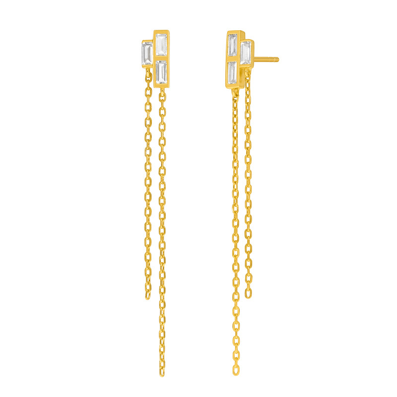 Pendientes Doble Cadena Plata de Ley 925 Baño en Oro 18k con Circonitas Baguette D04101/AR