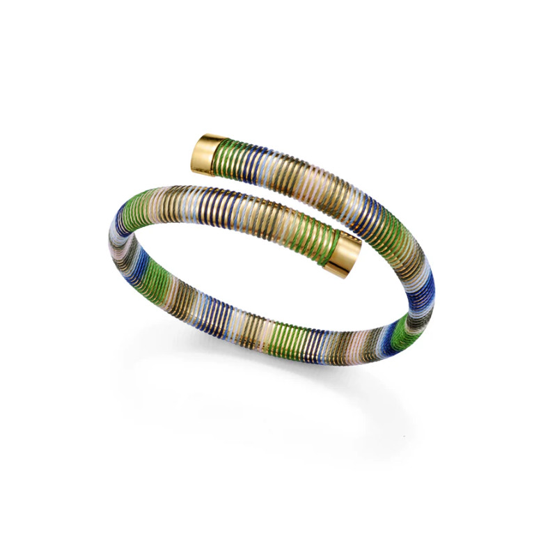Pulsera Abierta Laura Escanes de Acero Tubogas Flexible con Cordón Enroscado Azul y Verde