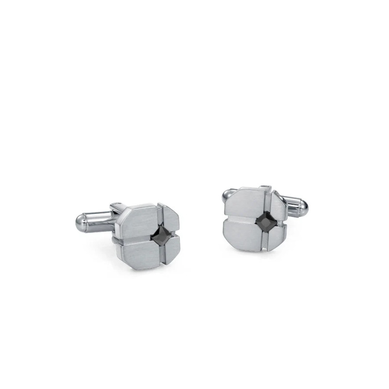 Gemelos de Hombre de Acero con Placa y Circonita Negra de Diseño Elegante y Compacto
