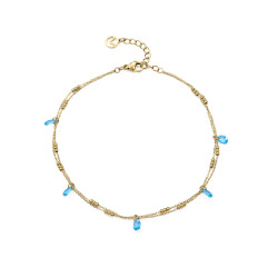 Tobillera de Mujer de Acero IP Dorado con Cristal Azul de Diseño Fino y Luminoso