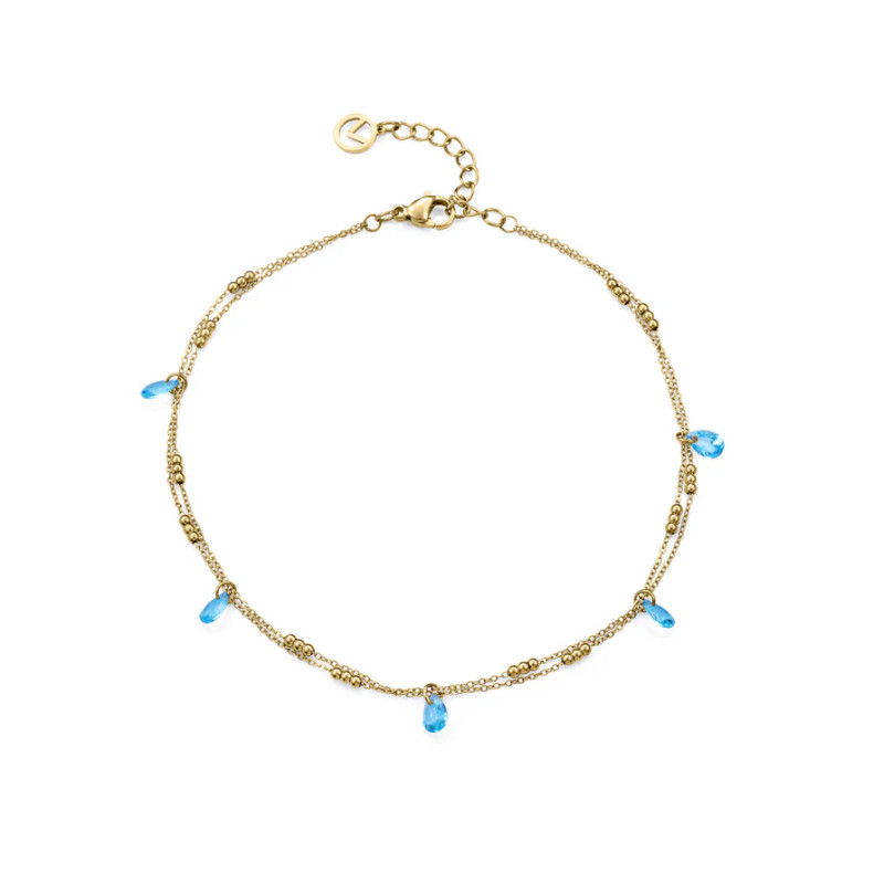Tobillera de Mujer de Acero IP Dorado con Cristal Azul de Diseño Fino y Luminoso