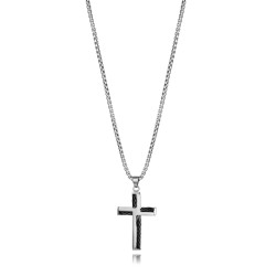 Collar de Hombre de Acero IP Gris con Cadena Ajustable y Cruz Colgante de Líneas Sobrias