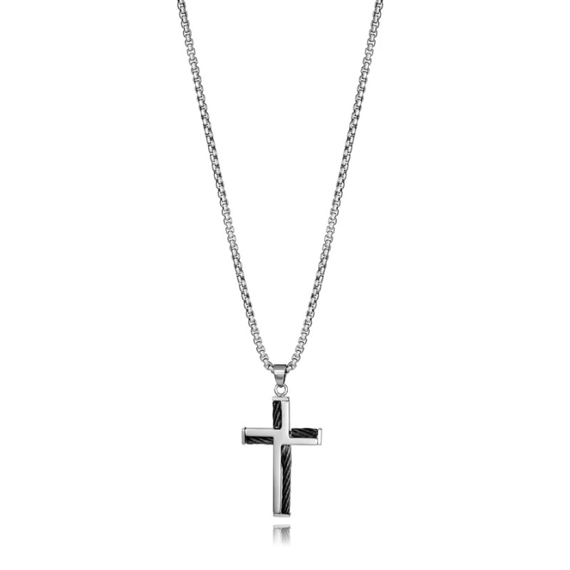Collar de Hombre de Acero IP Gris con Cadena Ajustable y Cruz Colgante de Líneas Sobrias