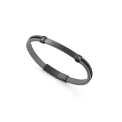 Pulsera de Hombre de Acero IP Negro y Piel Gris Oscura con Cadena y Placa