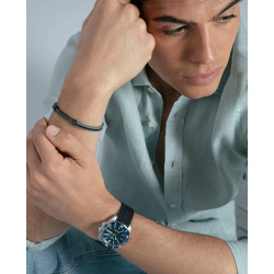 Pulsera de Hombre de Acero IP Negro y Piel Gris Oscura con Cadena y Placa