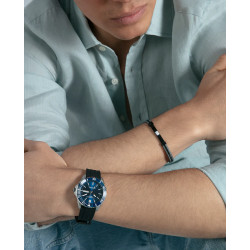 Pulsera de Hombre de Acero IP Negro y Piel Gris Oscura con Cadena y Placa