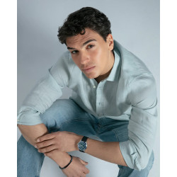 Pulsera de Hombre de Acero IP Negro y Piel Gris Oscura con Cadena y Placa