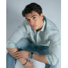 Pulsera de Hombre de Acero IP Negro y Piel Gris Oscura con Cadena y Placa