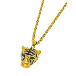 Collar de Hombre con Cabeza de Tigre en Dorado, Circonitas y Esmalte Negro