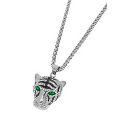 Collar de Hombre con Cabeza de Tigre en Acero, Circonitas y Esmalte Negro
