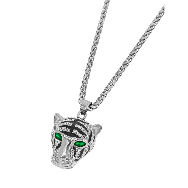 Collar de Hombre con Cabeza de Tigre en Acero, Circonitas y Esmalte Negro