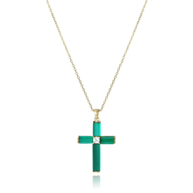 Cruz con Cadena Viceroy Plata de Ley Bañada en Oro con Ágata Verde y Topacio Blanco 2302C100-42