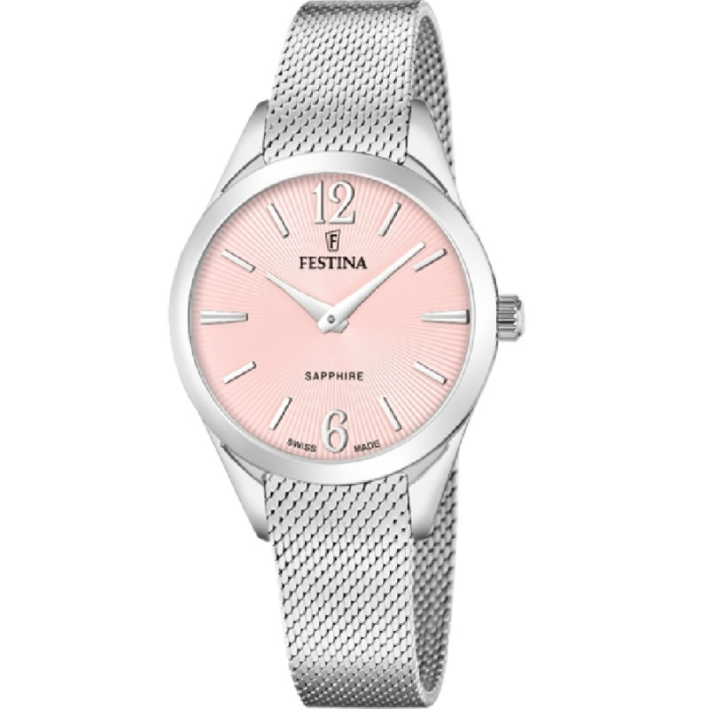 Reloj Festina Mujer Swiss Grace F20076/2 Swiss Made Cuarzo Acero Plateado Esfera Rosa 32 mm 100 m